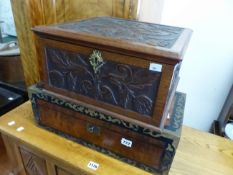 A VICTORIAN MAHOGANY WRITING BOX, TOGETHER WITH A CARVED VICTORIAN BOX.