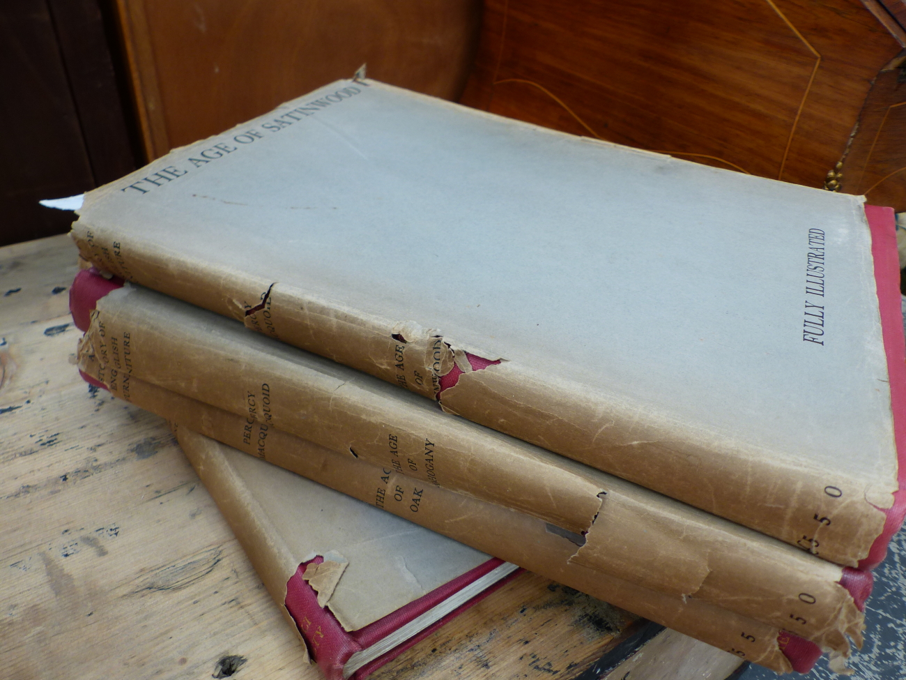 PERCY MACQUOID, THE AGES OF OAK, WALNUT, MAHOGANY AND SATINWOOD, FOUR VOLUMES WITH DUST COVERS