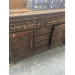 A 19th C. FRENCH OAK SIDEBOARD, THE TWO TOP DRAWERS WITH ELABORATE BRASS WORK AND ABOVE THREE