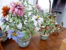 TWO ORIENTAL GLASS ORNAMENTAL TREES IN CELADON GLAZED PLANTERS, TOGETHER WITH A SMALL CHANDELIER.