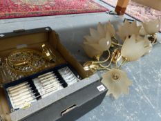 A SILVER MOUNTED SCENT BOTTLE, FISH CUTLERY SET AND FOUR WALL LIGHTS ETC.