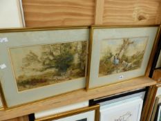 19th/20th C. ENGISH SCHOOL A PAIR OF LANDSCAPE WATERCOLOURS OF FIGURES IN RURAL SETTING. 26 x