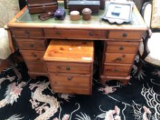 A PINE VICTORIAN STYLE TWIN PEDESTAL DESK H 96 x W 122 x D 62 cms TOGETHER WITH A SIMILAR FILE