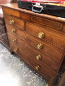 AN INLAID MAHOGANY EARLY 19th C. CHEST OF DRAWERS, IMPRESSIVE BRASS HANDLES. H 101 W 110 D 51cms