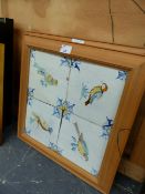 TWO FRAMED PANELS OF FOUR DELFT TYPE TILES DECORATED WITH BIRDS