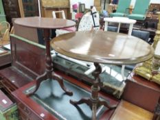 TWO 19th C. MAHOGANY TRIPOD TABLES, ONE WITH A BALUSTER COLUMN AND THE OTHER WITH A BARLEY TWIST.