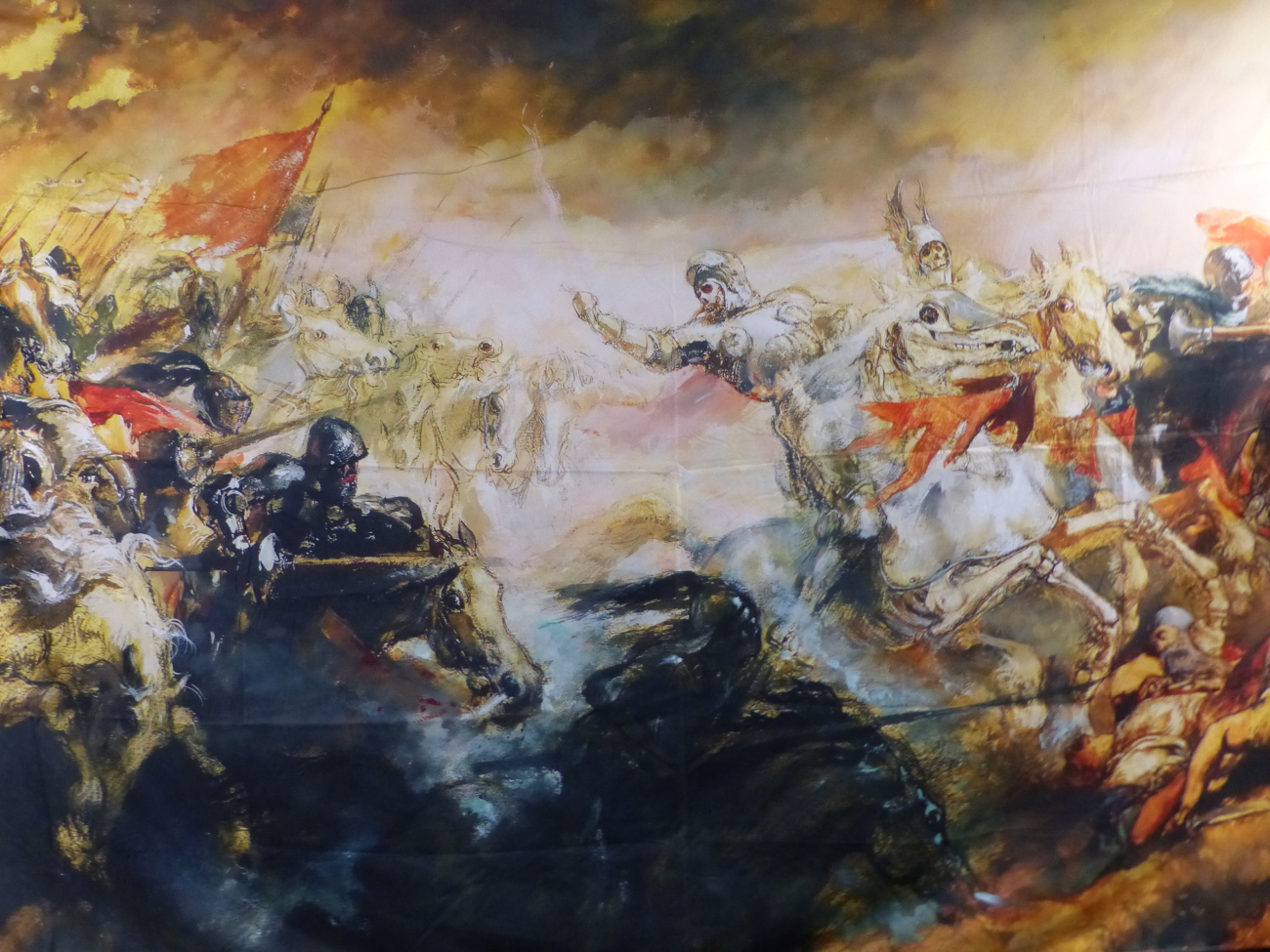 A LARGE IMPRESSIVE PICTORIAL WALL HANGING DEPICTING ETHEREAL BATTLE SCENE.