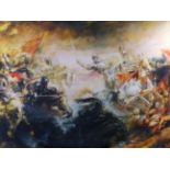 A LARGE IMPRESSIVE PICTORIAL WALL HANGING DEPICTING ETHEREAL BATTLE SCENE.