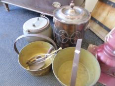 AN ART DECO COAL SCUTTLE, TWO BRASS JAM PANS, AND A LARGE COPPER LIDDED PAN TOGETHER WITH A FIRE