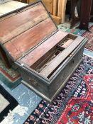 A LATE 19th C. PINE CARPENTERS CHEST WITH FITTED INTERIOR CONTAINING NUMEROUS TOOLS AND IMPLEMENTS