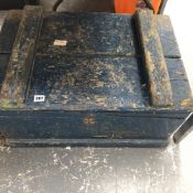 A VINTAGE PAINTED CHEST CONTAINING VARIOUS VINTAGE TOOLS