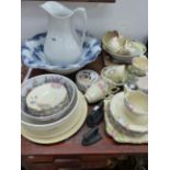 A CROWN DUCAL WILD ROSE PATTERN PART TEA SERVICE, A WASH JUG AND BOWL ETC