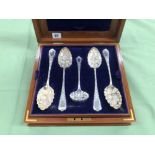 A CASED SET OF ELECTRO PLATED NICKEL SILVER BERRY SPOONS, NUTCRACKERS, GRAPE SCISSORS ETC