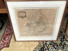 AN ANTIQUE HAND COLOURED MAP OF WARWICKSHIRE BY ROBERT MORDEN 37 x 44 cms