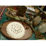 COPPER AND BRASS: RAILWAY AND OTHER OIL LAMPS, TWO MAHOGANY TRAYS, A CEILING ROSE MOULDING