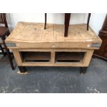 A VINTAGE LARGE BUTCHERS BLOCK ON PINE STAND. W 138 x H 80 x D 69cms