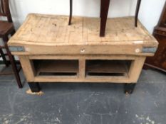 A VINTAGE LARGE BUTCHERS BLOCK ON PINE STAND. W 138 x H 80 x D 69cms