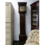 AN EARLY COUNTRY OAK TALL CASED CLOCK WITH BRASS FACE LABELED BRADSHAW LONDON. H 201cms