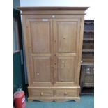 MODERN PINE TWO DOOR WARDROBE WITH BASE DRAWERS. H 200 x W 126 x D 60cms
