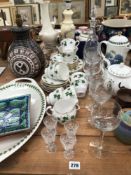 A COLCLOUGH PART TEA SERVICE, TOGETHER WITH A PORTMEIRION CAFETIERE AND PLATTER, DRINKING GLASSES