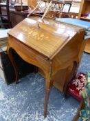 AN EARLY 20th C. FRENCH FLORAL MARQUETRIED MAHOGANY BUREAU DE DAME ON ORMOLU MOUNTED CABRIOLE LEGS