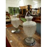 A PAIR OF CUT GLASS BALUSTER TABLE LAMPS. H 53cms.