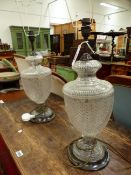 A PAIR OF CUT GLASS BALUSTER TABLE LAMPS. H 53cms.