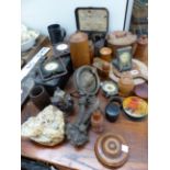 ANTIQUE AND LATER COLLECTABLE'S TO INCLUDE MINERAL SPECIMENS A SMALL CLOCK, VARIOUS TREEN, POCKET