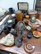 ANTIQUE AND LATER COLLECTABLE'S TO INCLUDE MINERAL SPECIMENS A SMALL CLOCK, VARIOUS TREEN, POCKET