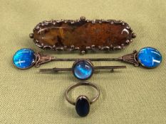 A VINTAGE HARD STONE TABLET BROOCH, TOGETHER WITH TWO PIECES OF SILVER AND BUTTERFLY WING BROOCHES
