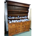 A 19th CENTURY OAK COUNTRY MADE DRESSER BASE WITH ASSOCIATED THREE TIER RACK, H 208 x W 161 x