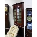 A 19th CENTURY AND LATER BOW FRONT CORNER CABINET GLAZED UPPER SECTION ABOVE OPEN SHELVES. H 198 x W