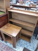 A PAIR OF SMALL OAK OPEN BOOKCASES TOGETHER WITH AN INLAID MAHOGANY NEST OF THREE TABLES