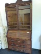 AN INTERESTING AESTHETIC/ ARTS AND CRAFTS 19TH CENTURY CARVED OAK SECRETARY BOOK CASE GLAZED UPPER