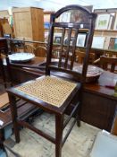 A CHEQUER LINE INLAID MAHOGANY SIDE CHAIR WITH CANED SEAT