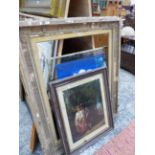 A LARGE VICTORIAN GILT PICTURE FRAME, TOGETHER WITH A BEVEL MIRROR AND VARIOUS OTHER PICTURES