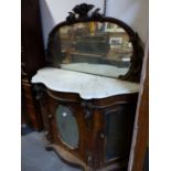 A VICTORIAN CARVED WALNUT MARBLE TOP MIRROR BACK CONSOLE CABINET ( FOR RESTORATION) H 150 x W 116