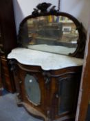 A VICTORIAN CARVED WALNUT MARBLE TOP MIRROR BACK CONSOLE CABINET ( FOR RESTORATION) H 150 x W 116