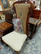 A VICTORIAN MAHOGANY SHOW FRAME NURSING CHAIR WITH A NEEDLEWORK BACK AND PARCELS OF LOOSE