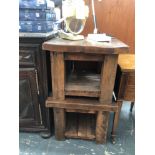 A PAIR OF RUSTIC PINE TABLES. W 60 x D 62 x H 49cms