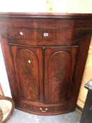 A LARGE 19th C. MAHOGANY BOW FRONT HANGING CORNER CABINET H 121 x W 89 x D 45 cm's