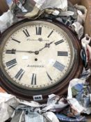 AN ANTIQUE VICTORIAN CIRCULAR FUSEE WALL CLOCK SIGNED EUSTACE CURRAN BANBURY, DIAMETER 40cms