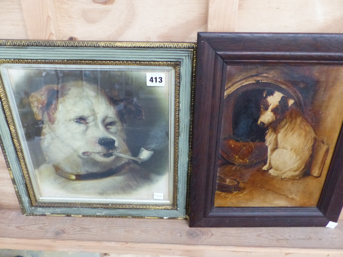 A VINTAGE PEARS PRINT OF A DOG SMOKING A PIPE TOGETHER WITH AN OIL PAINTING OF A DOG (2)