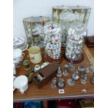 A QUANTITY OF COLLECTORS THIMBLES, CUT GLASS ORNAMENTS, ENGLISH MINIATURES FIGURES ETC.