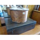 A SCANDINAVIAN BENTWOOD LIDDED VESSLE WITH INCISED DECORATION AND A VICTORIAN OAK BOX.