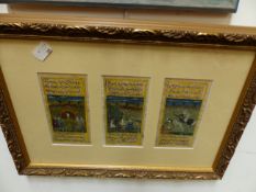 EIGHT ANTIQUE HAND COLOURED ENGLISH STRIP MAPS FRAMED AS TWO TOGETHER WITH INDO-PERSIAN MINIATURES