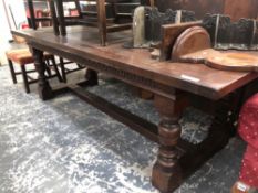 A BESPOKE OAK GOOD QUALITY REFECTORY DINING TABLE. H 78 W 240 D 92cms