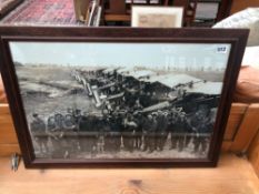 A FRAMED PICTURE OF VINTAGE AIR CRAFT AND AIRMEN