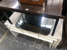 A NEST OF TABLES AND A MID CENTURY MIRROR. TOGETHER WITH A LOW TABLE AND A TROLLEY