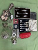 A CASED SET OF SIX HALLMARKED SILVER TEASPOONS VARIOUS SILVER TOPPED DRESSING TABLE JARS, SILVER